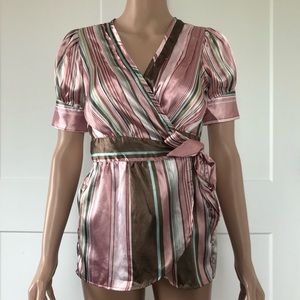 Crown Of Hearts Pink Brown Sateen Stripe Wrap Top Puffy Sleeves Small
